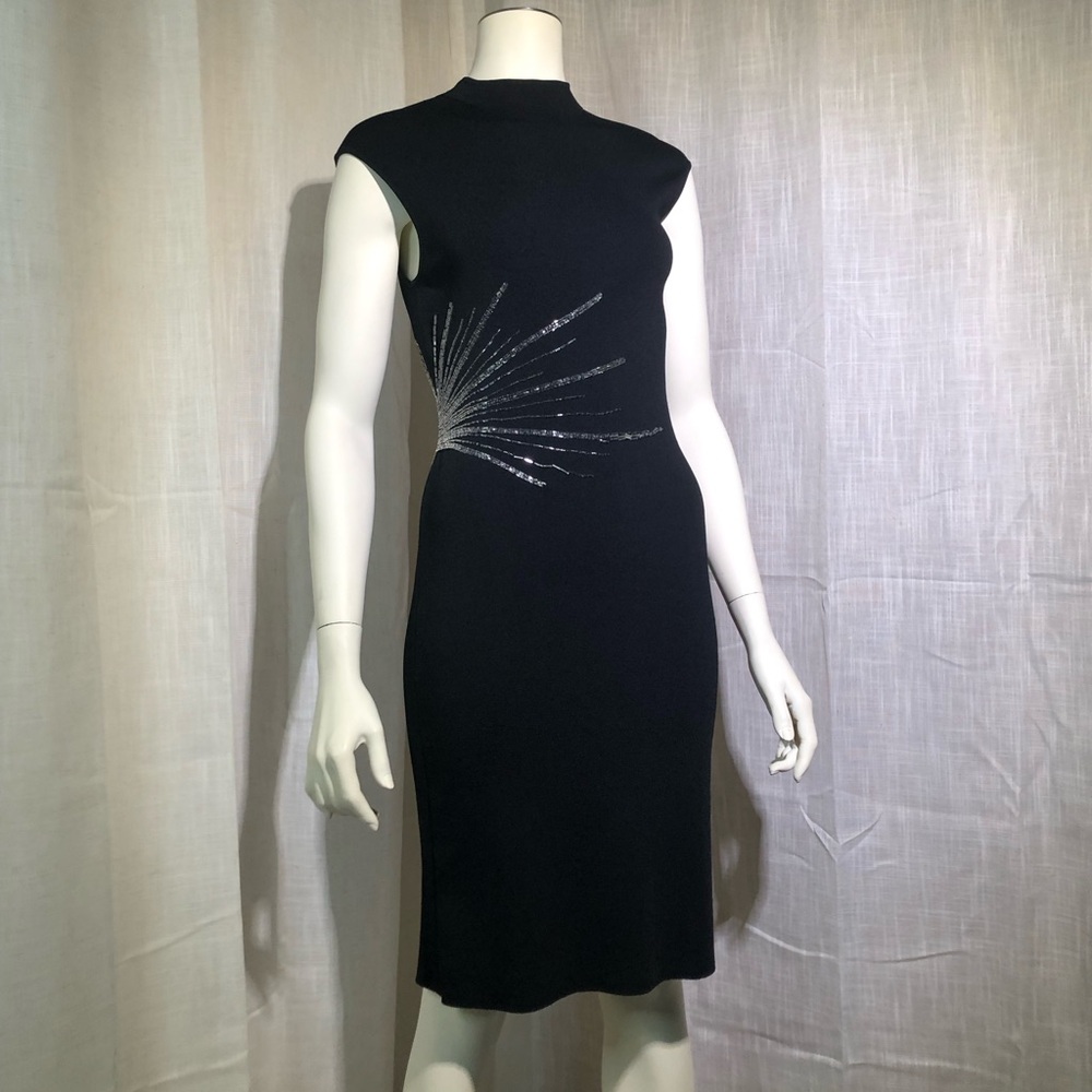 Adrienne Vittadini Black Sleeveless Bodycon Midi Dress with Silver Burst Detail